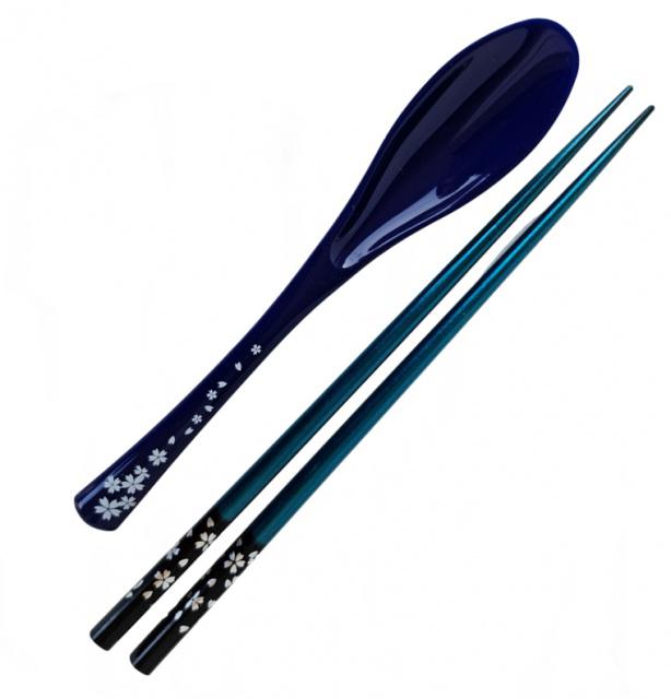 Japonské jídelní hůlky a lžíce set Wakasanuri Blue