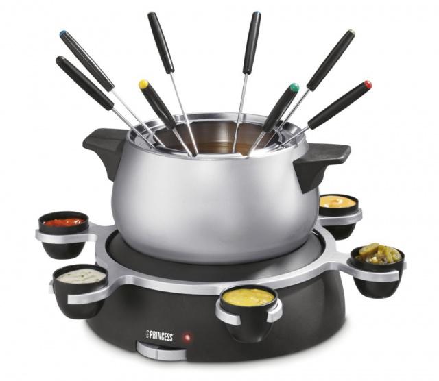 Stíbrný elektrický fondue set Princess pro 8 osob, vhodný na všechny druhy fondue