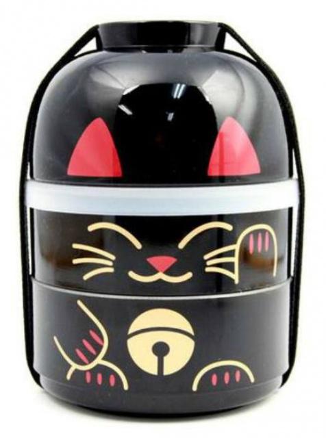 Hakoya Japonský jídlonosič Bento Maneki Neko černý, 440 ml