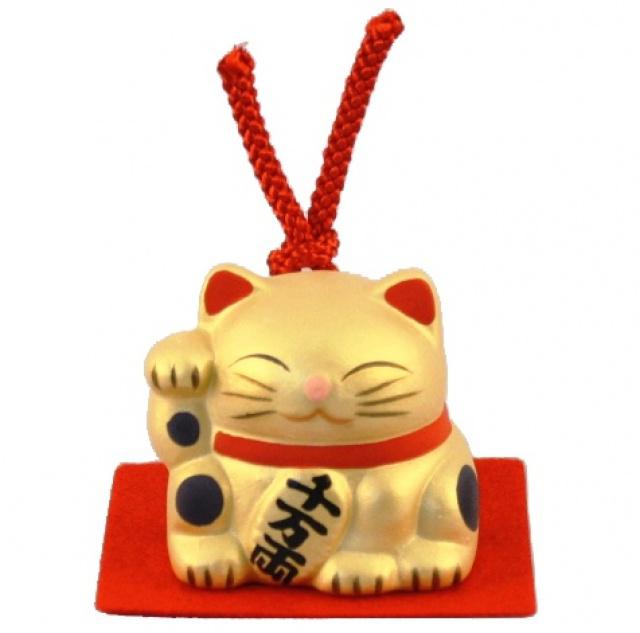 Japonská kočka štěstí Maneki Neko Gold - zvonek 6cm