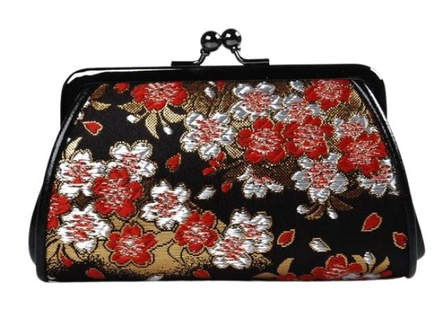 Japonská dámská peněženka Nishijin Ume Black Red Flowers